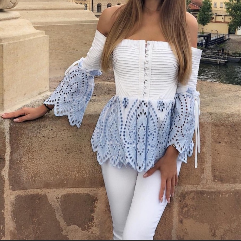 Self-Portrait White Blue Broderie Eyelet Peplum Off Shoulder Corset Top